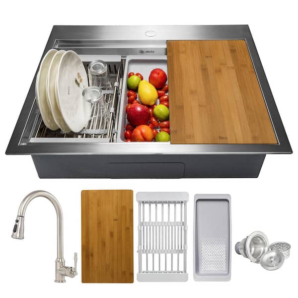 AKDY All-in-One 25 in. x 22 in. Drop-in Stainless Steel Single Bowl Workstation Kitchen Sink with Pull-Down Faucet