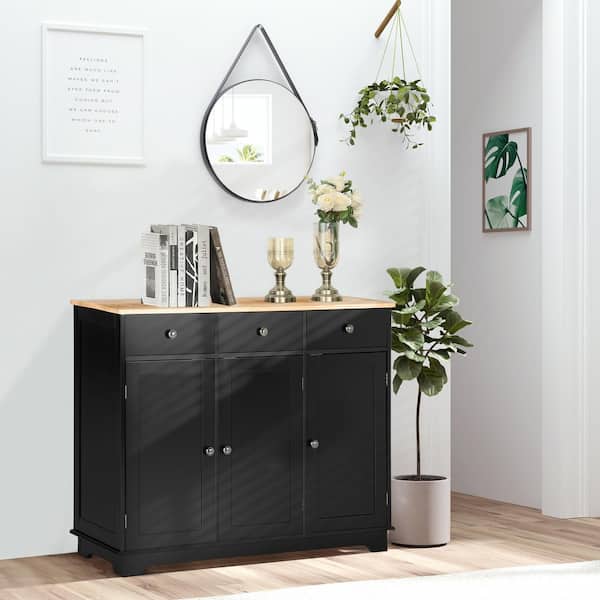 39 in. Black Wood Sideboard Coffee Bar, Modern Kitchen Storage Cabinet with 3 Drawers, 2 Doors and Adjustable Shelf