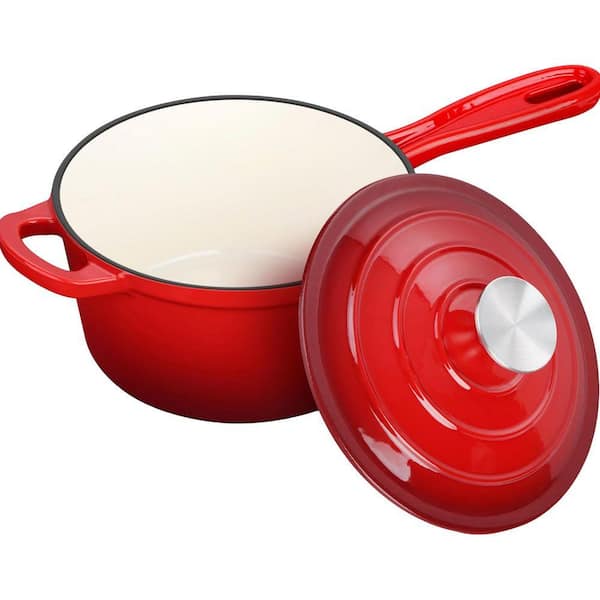 2 qt. Enameled Cast Iron Nonstick Stock Pot in Red with Lid, Saucepan Cookware for All Cooktops, 1 Piece