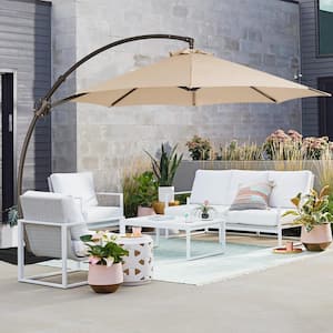 10 ft. L Outdoor Aluminum Curvy Cantilever Offset Hanging Patio Umbrella with Sandbag Base and Cover in Beige