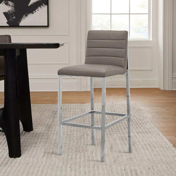 43 in Gray Chrome Legs Faux Leather Metal Framed Channel Barstool Set of 2