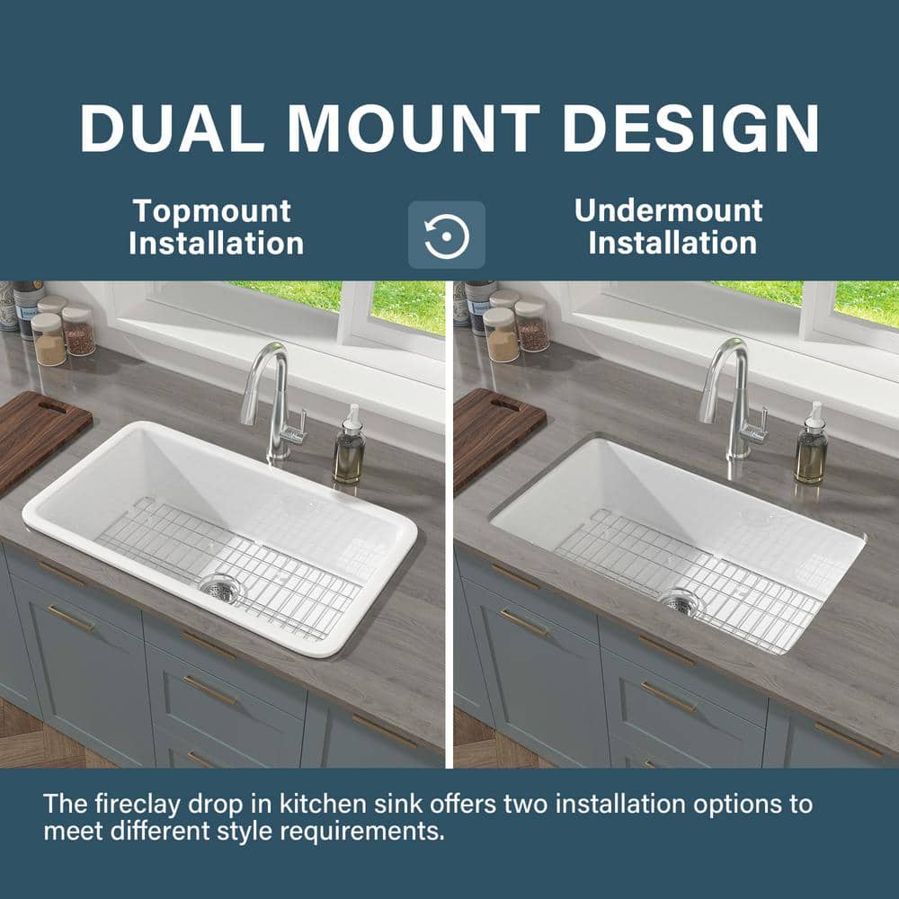 32'' White Fireclay Single Bowl Undermount Kitchen Sink