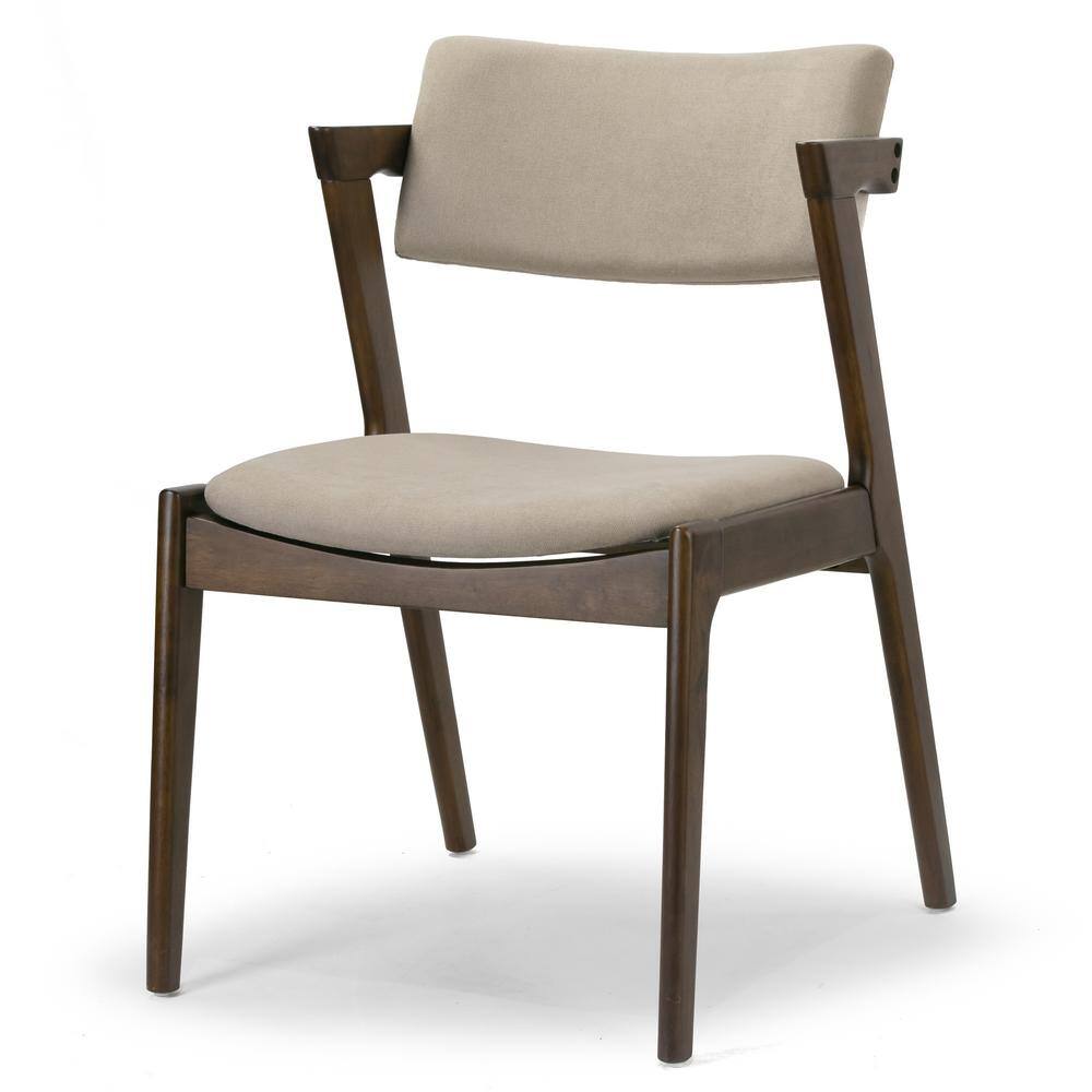 Retro Modern Beige Upholstered Wing Arm Chair in Dark Brown Wood