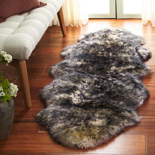 Sheep Skin 2 ft. x 8 ft. Ivory/Dark Charcoal Solid Color Gradient Runner Rug