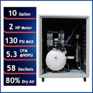 Ultra Quiet 10 Gal. 2 HP Electric Air Compressor with Air Dryer, Automatic Drain and Sound Proof Cabinet