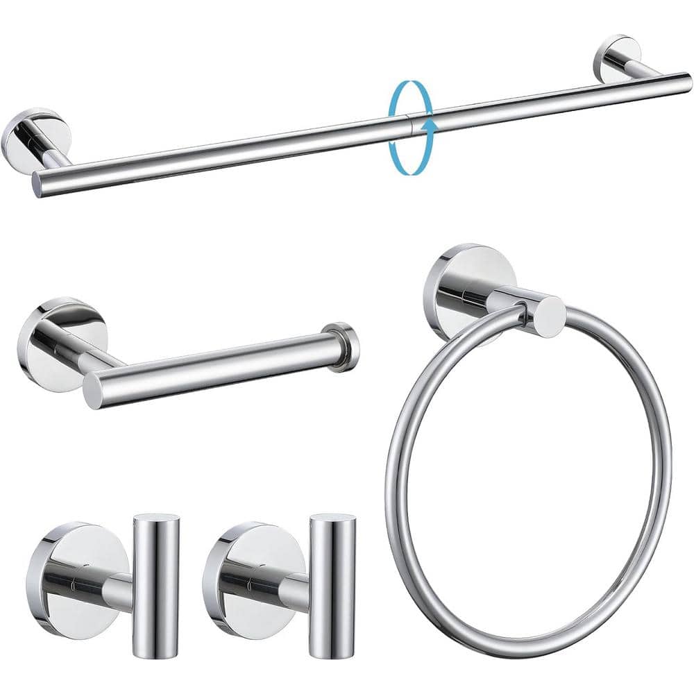 5-Piece Stainless Steel Bath Hardware Set-24 in. Towel Bar, Ring, 2 Robe Ho