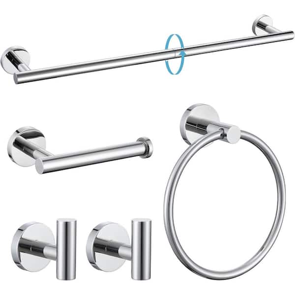 5-Piece Stainless Steel Bath Hardware Set-24 in. Towel Bar, Ring, 2 Robe Hooks and Toilet Paper Holder in Chrome