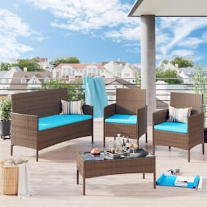 4-Pieces Brown Wicker Patio Furniture Sets Patio Conversation Sets with Blue Cushion