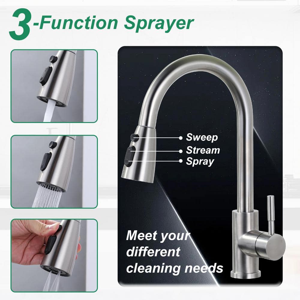 Brushed Nickel Single Handle Pull Down Kitchen Faucet with Glass Rinser