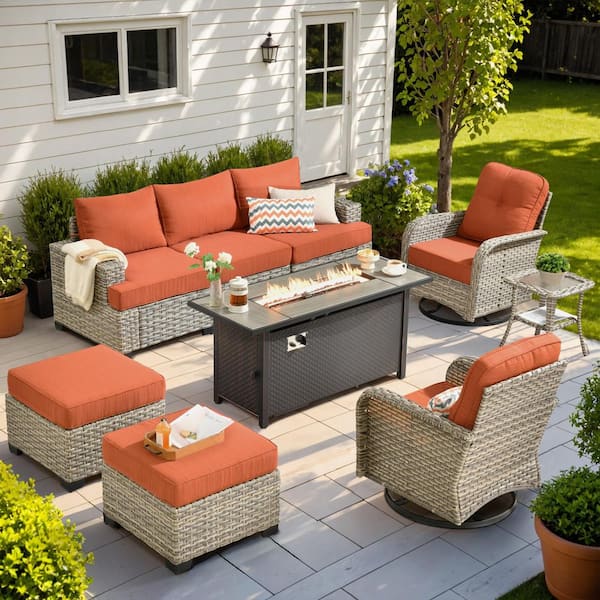 OVIOS Tiberte Gray 9-Piece Wicker Patio Rectangle Fire Pit Conversation Set with Orange Red Cushions and Swivel Chairs