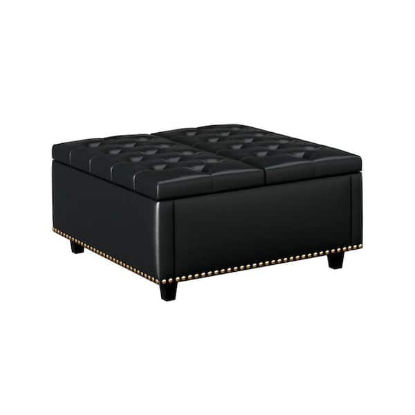 Large Square Storage Stool with 2 Storage Doors, Footstool For Living Room Studded Coffee Table, PU Leather in Black