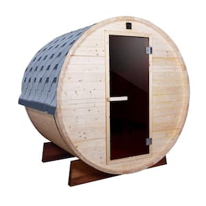Outdoor, Indoor Finland Pine Wet Dry Barrel Sauna 4 Person Front Porch Canopy 4.5 kW ETL Certified Bitumen Shingle Roof