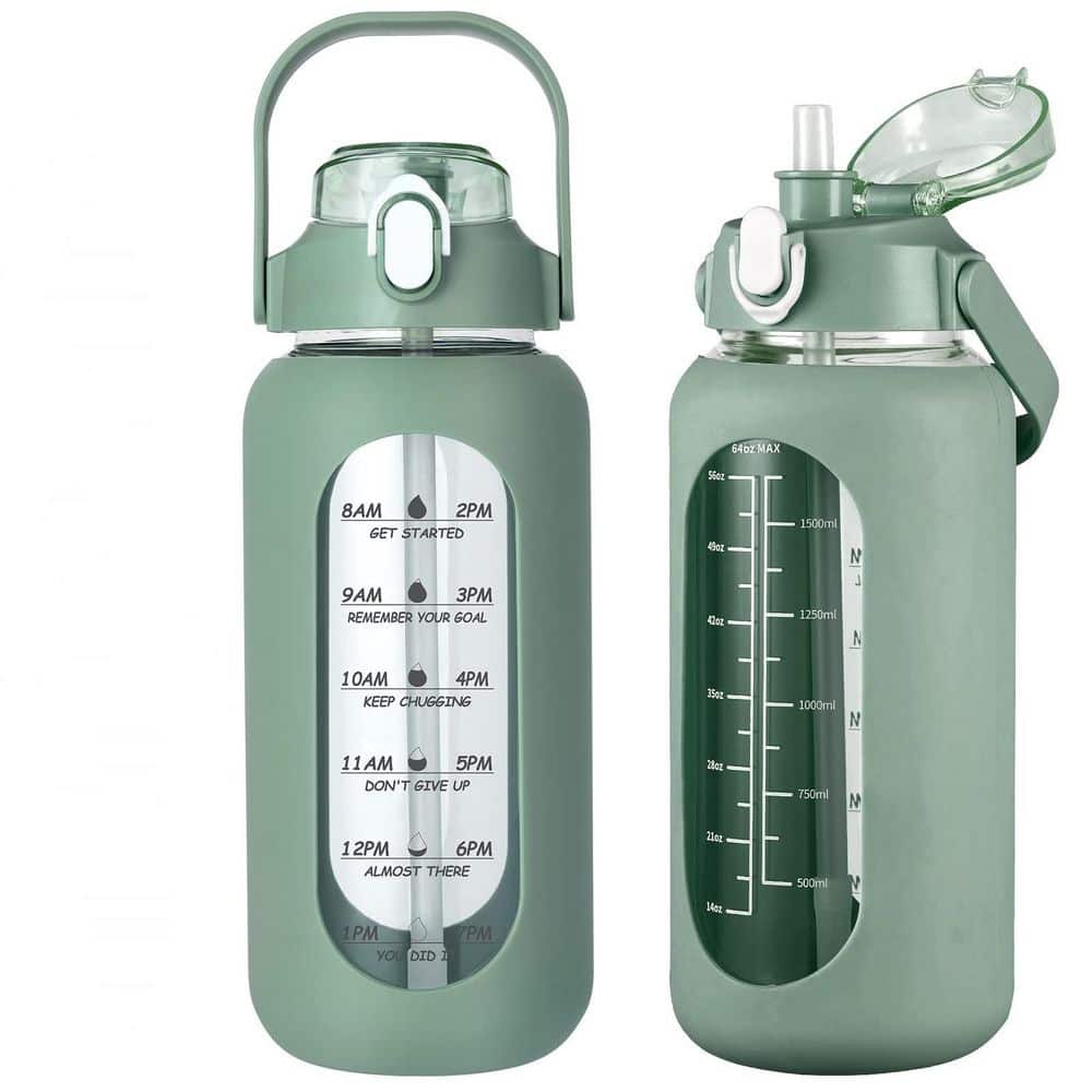 64oz Olive Green Borosilicate Glass Motivational Leakproof Water Bottle with Straw, Silicone Sleeve, 1 Bottle price history on PriceWatchPro