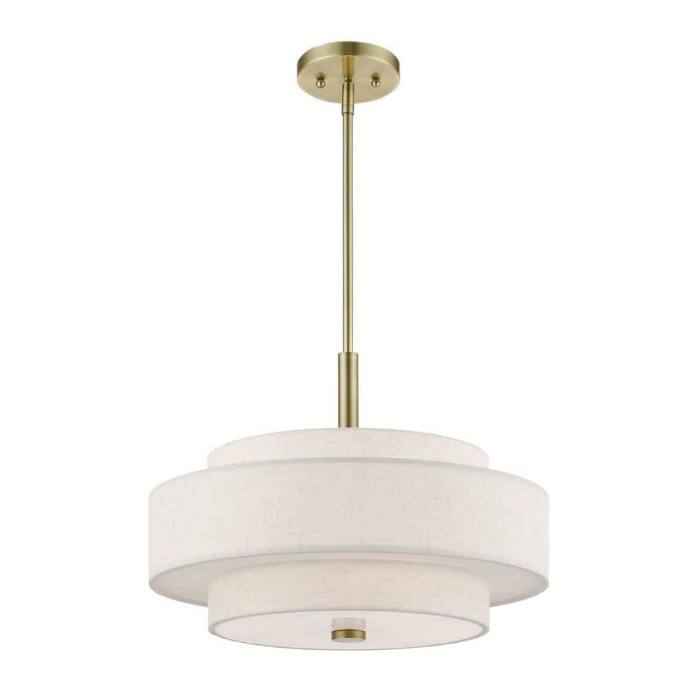Mini Monroe Antique Brass 4-Light Drum Pendant with Oatmeal Shade