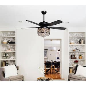 Berkshire 52 in. Crystal Downrod Mount Black Ceiling Fan With Light Kit and Remote Control
