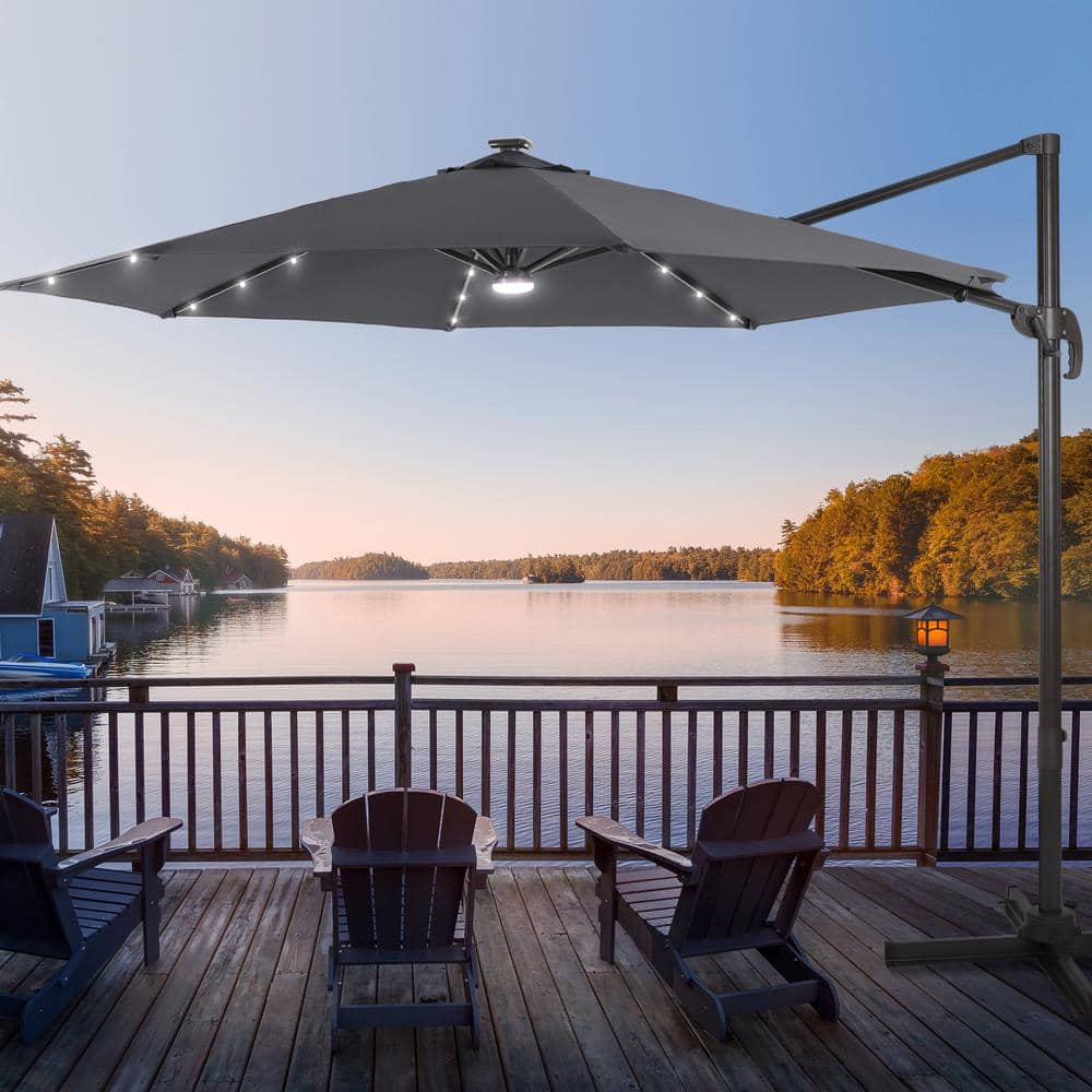 Joyesery 10 Ft Solar Led Cantilever Patio Umbrella With Cross Base Outdoor Offset Hanging 360 5081