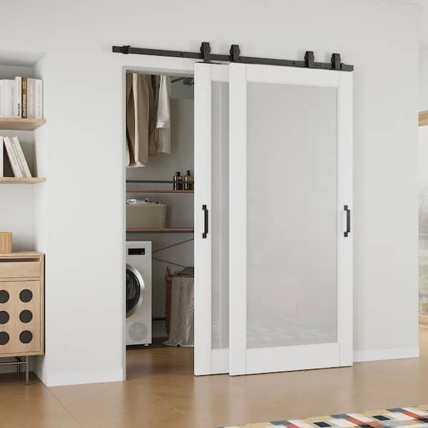EH PUERTA 64 in. x 80 in. (Double 36 in.) 1-Lite Frosted Glass White Primed MDF Sliding Barn Door with Hardware Kit Bypass