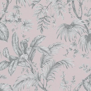 Large Palm Leaves And Stems Metallic Soft Pink/Silver Vinyl on Non-Woven Non-Pasted Wallpaper Roll