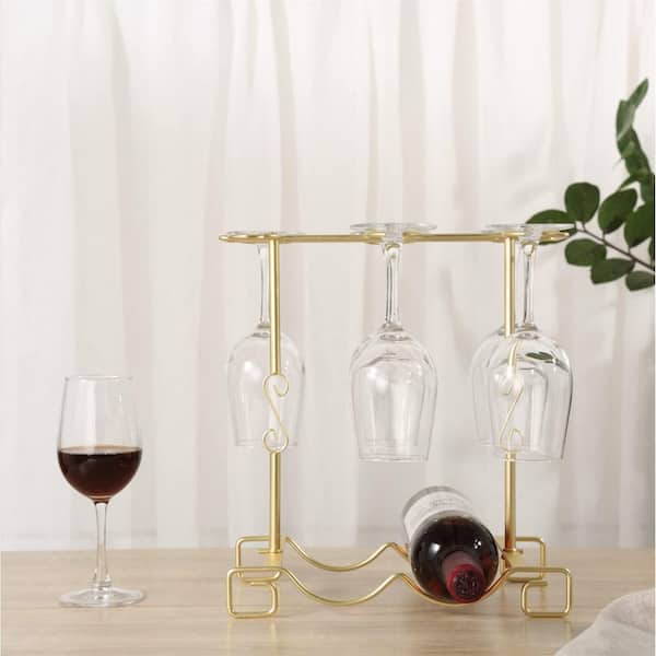 Gold Freestanding Tabletop Wine Glass Rack for 2 Bottles with 6 Hooks Metal Stemware Organizer for Kitchen Bar