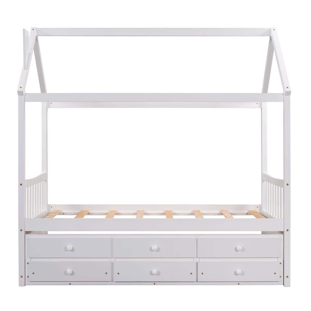 White Twin Size Wood House Bed with Trundle and 3-Storage Drawers, Wooden Kids Bed Daybed Sofa Bed Frame -  ANBAZAR, 01298ANNA-K