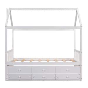White Twin Size Wood House Bed with Trundle and 3-Storage Drawers, Wooden Kids Bed Daybed Sofa Bed Frame
