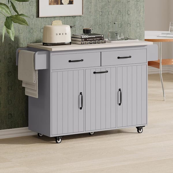 tunuo Gray Wood 51.06 in. W Kitchen Island with Trash Can Storage Cabinet on Wheels
