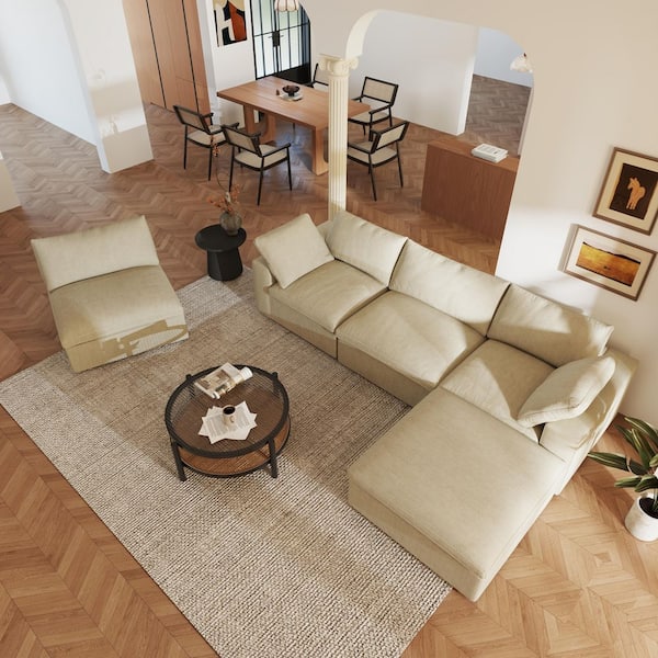 Modular 5-Piece Khaki Linen Plush Down Filled Living Room Set Sofa with Ottoman and Washable Covers for Apartment