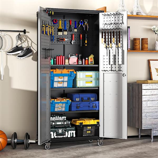 Gray 71 in. H Metal Office Storage Cabinet Steel Mobile Tool Storage Cabinet with Wheels