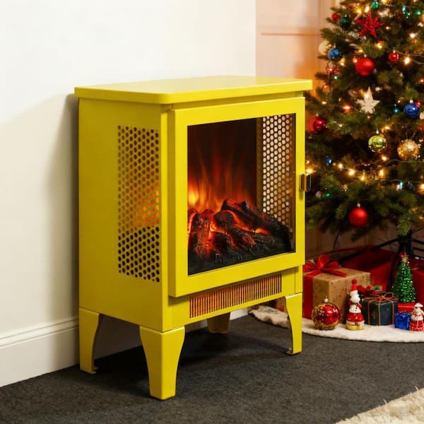 14 in. Freestanding Fireplace Heater 400 sq. ft. Electric Stove,1400W/700W Heat,3D Flame Effect,Safety Protection,Yellow