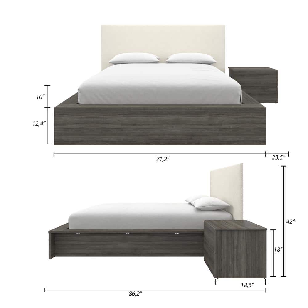 Jane Gray Oak and Off-White Boucle 3-Piece Queen Platform Bedroom Set
