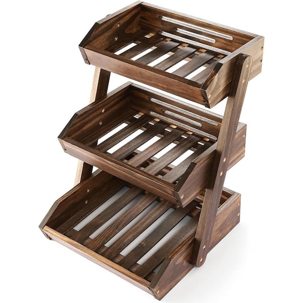 Unbranded Multifunctional  3-Tier Fruit Basket with Banana Hook  and  Large Capacity in Brown Wood