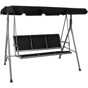 44 in.W 3-Person Gray Frame Metal Patio Swing Adjustable Canopy, with Black Cushions