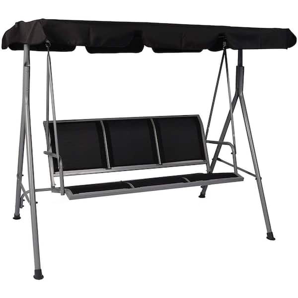 Huluwat 44 in.W 3-Person Gray Frame Metal Patio Swing Adjustable Canopy, with Black Cushions