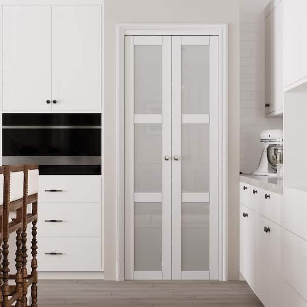 30 in. x 80 in. 3-Lite Tempered Frosted Glass Solid Core White Finished Glass Pivot Bifold Door with 2-Types of Hardware