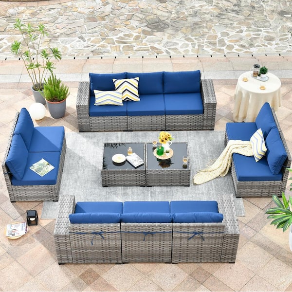 OVIOS Bissty Gray 12-Piece Wicker Wide Arm Patio Conversation Set with Navy Blue Cushions