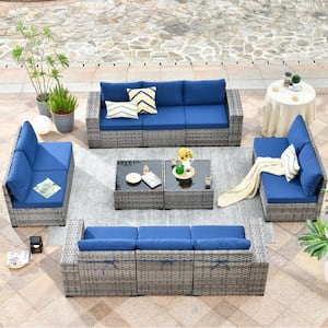 Marvel Gray 12-Piece Wicker Wide Arm Patio Conversation Set with Navy Blue Cushions