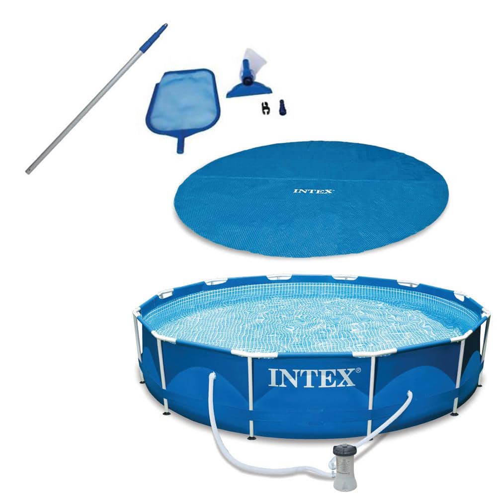 Intex 12 ft. Pool Cover Tarp, Pool Cleaning Kit and Above Ground Swimming Pool, Blue -  8002E + 28211EH