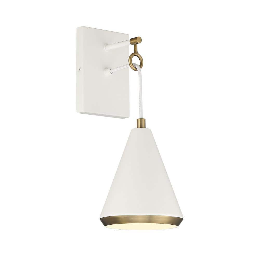Contemporary White and Natural Brass Cone-Shaped Dimmable Sconce