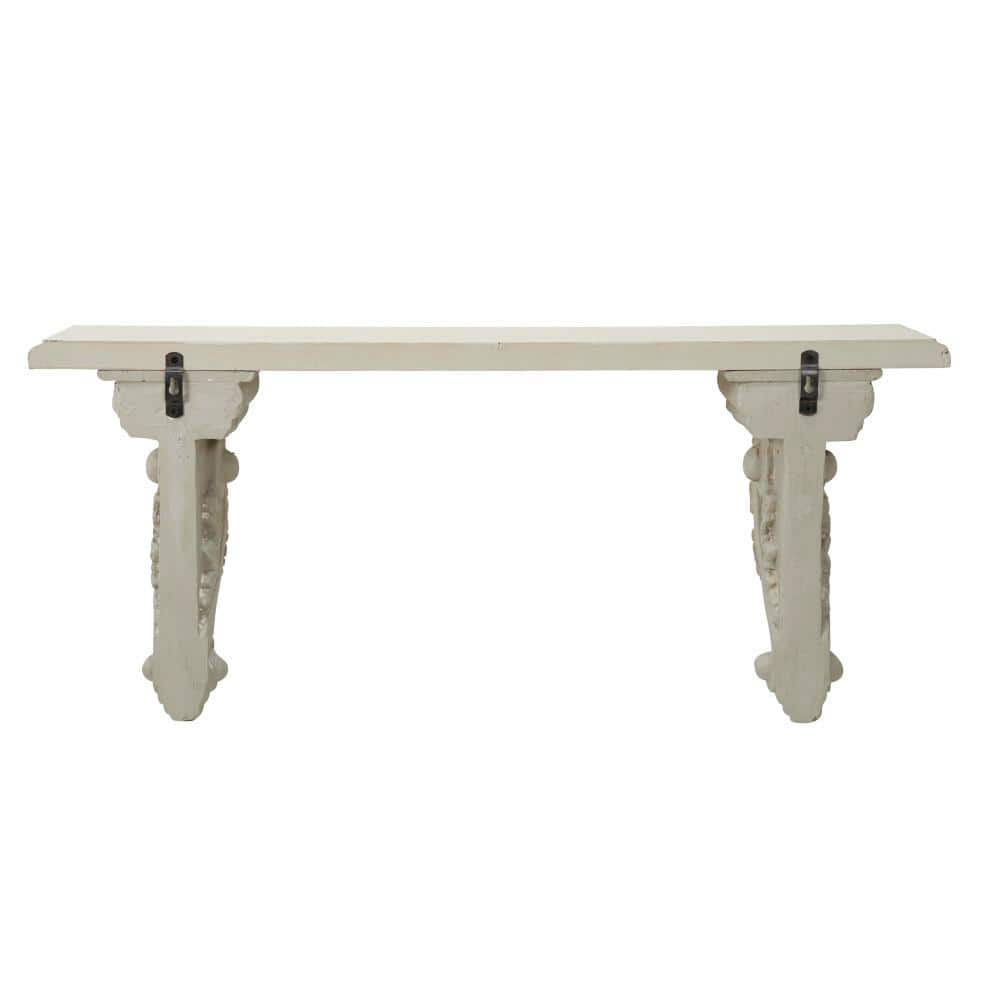 31.5" White and Beige Wood Floating Wall Shelf with Scrollwork