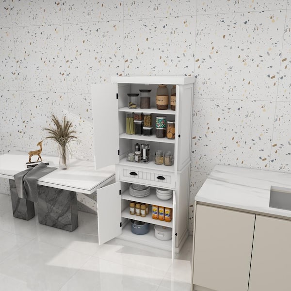 FUNKOL 29.92inx15.75nx71.65in White Vertical Striped MDF Kitchen Cabinet with 4 Doors, 1 Drawer and 2 Adjustable Shelves