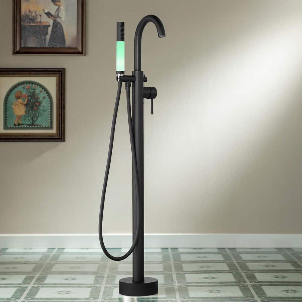Single-Handle Floor Mount Freestanding Tub Filler Faucet with Integrated LED Color-Changing Spray Head in Matte Black price history on PriceWatchPro