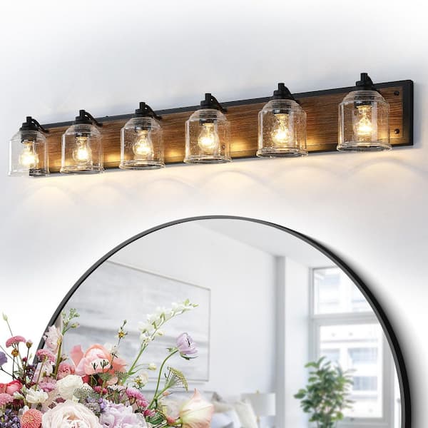 Farmhouse 48.5 in. 6 Light Black and Dark Wood Grain Bathroom Vanity Light, Modern Wall Sconce with Seeded Glass Shade