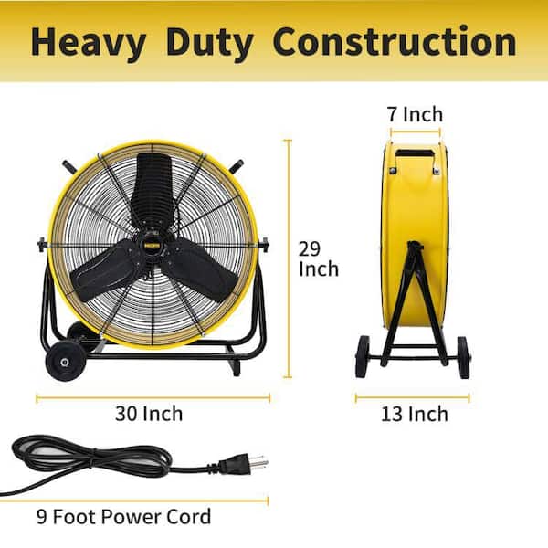 24 in. 2 Speeds Drum Fan in Yellow Enclosed Motor with 1/3 HP Powerful Motor, 9200 CFM