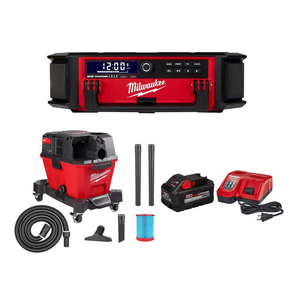 M18 18V Lithium-Ion Cordless PACKOUT Radio/Speaker w/Built-In Charger & M18 FUEL 6 Gal. Wet/Dry Vac & 8.0Ah Starter Kit -  Milwaukee, 2950-20-0980