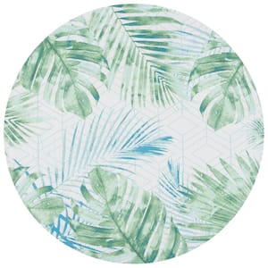 Barbados Green/Teal 7 ft. x 7 ft. Geometric Palm Leaf Indoor/Outdoor Patio  Round Area Rug