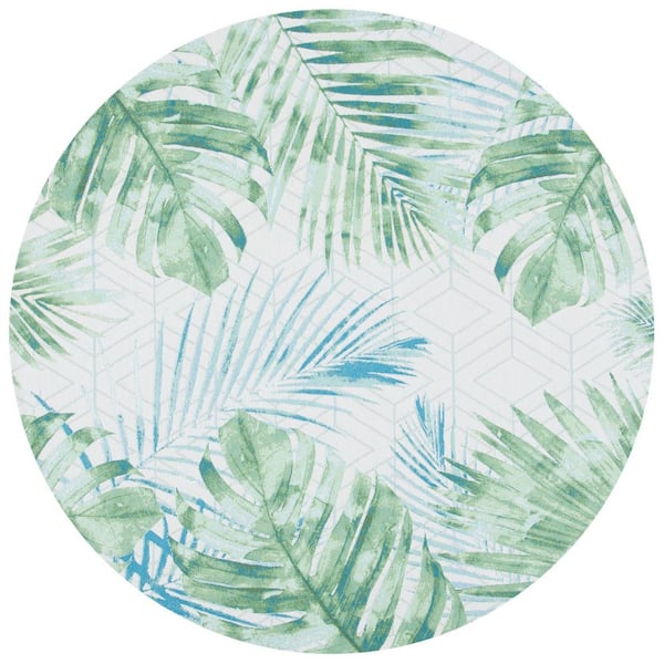 SAFAVIEH Barbados Green/Teal 8 ft. x 8 ft. Round Geometric Leaf Indoor/Outdoor Area Rug