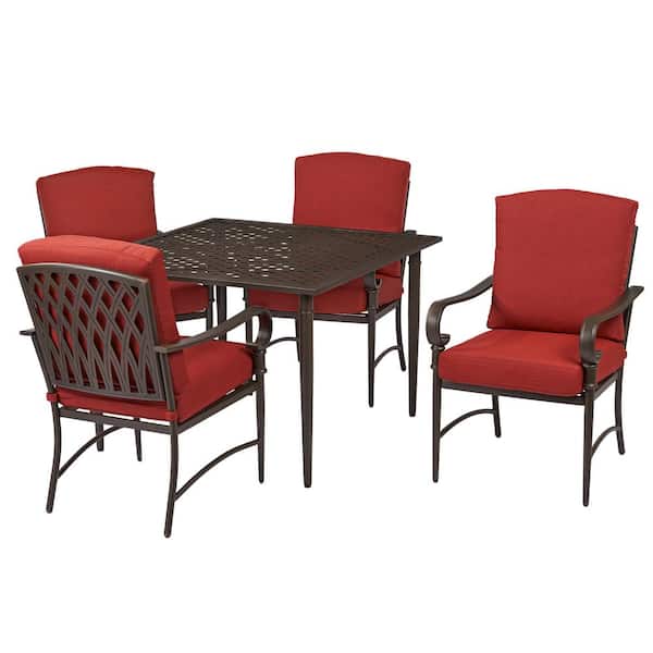 Hampton Bay Oak Cliff 5-Piece Metal Outdoor Dining Set with Chili Cushions