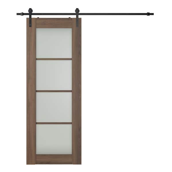 Belldinni Vona 4-Lite 32 in. x 80 in. 4-Lite Frosted Glass Pecan Nutwood Wood Composite Sliding Barn Door with Hardware Kit
