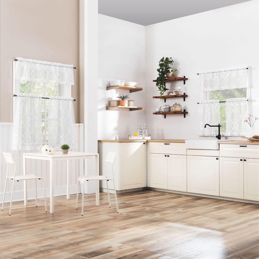 White Embroidered Trellis Light Filtering Kitchen Curtain Set