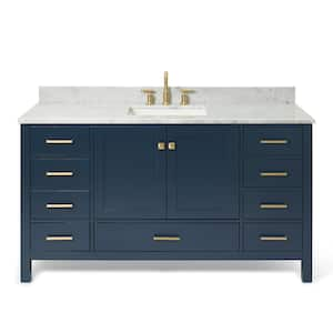 Cambridge 61 in. W x 22 in. D x 35.25 in. H Vanity in Midnight Blue with White Marble Vanity Top with Basin